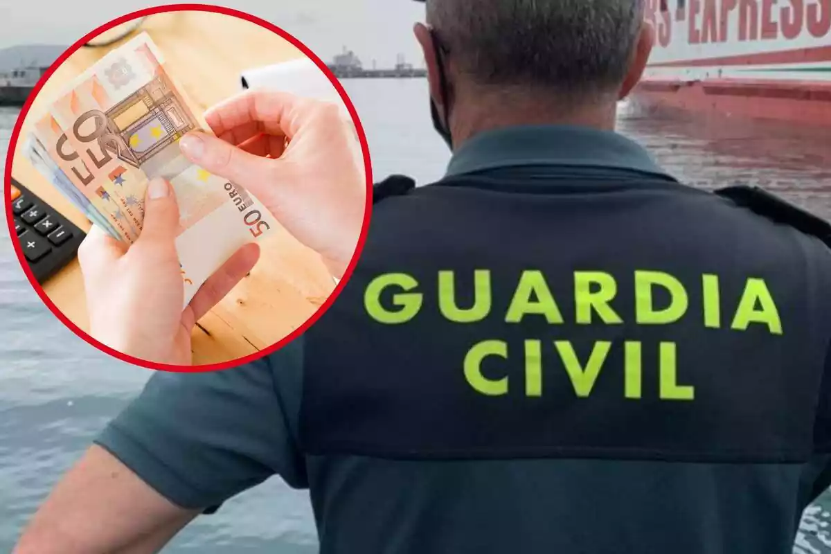 Imatge de fons d´un agent de la Guàrdia Civil i una altra imatge d´una mans amb diversos bitllets de 50 euros