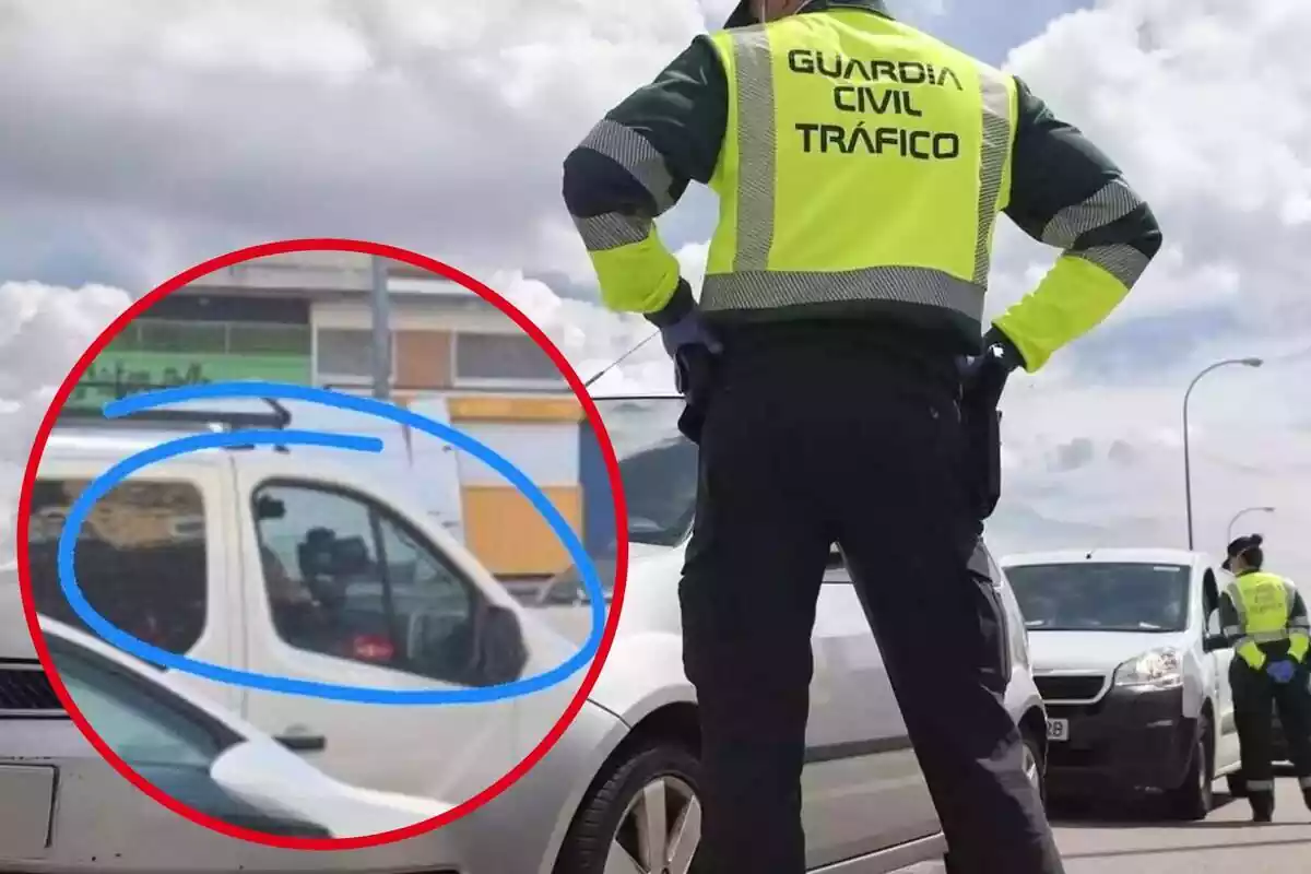 Imatge de fons de diversos agents de la Guàrdia Civil de Trànsit en un control a la carretera amb cotxes aturats, i una altra imatge d'una furgoneta radar de la DGT amb un cercle que assenyala el conductor de la mateixa