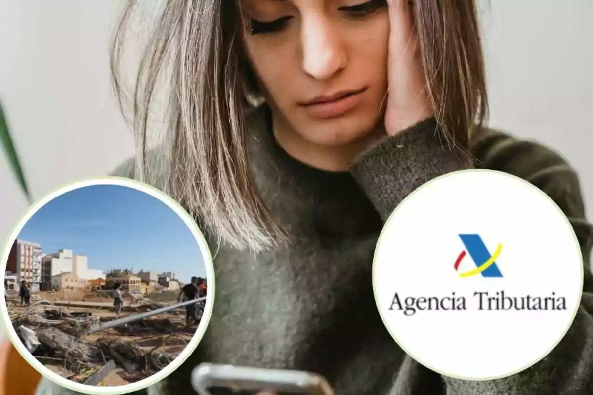 Dona preocupada mirant el telèfon amb imatges superposades d?una àrea urbana afectada i el logo de l?Agència Tributària.