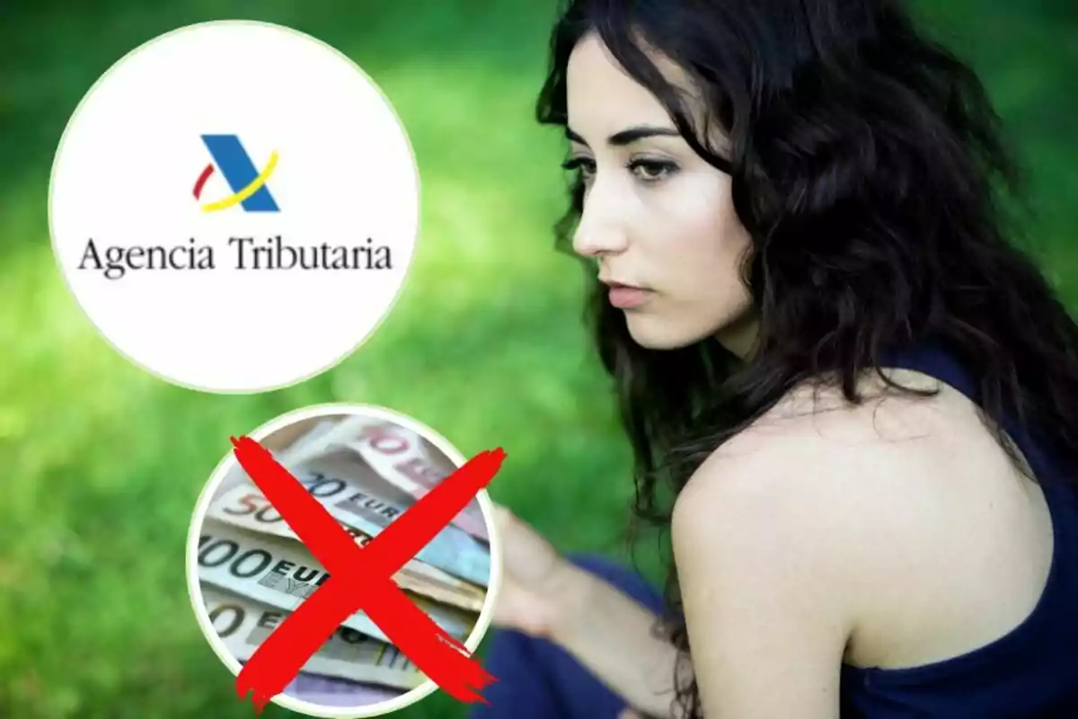 Una dona pensativa al?aire lliure amb el logo de l?Agència Tributària i una imatge de bitllets ratllats amb una creu vermella.