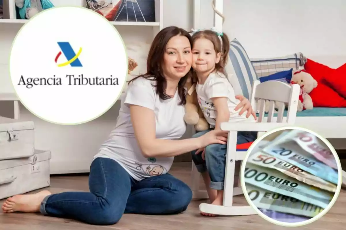 Una dona i una nena són a una habitació infantil, amb un logotip de l'Agència Tributària i una imatge de bitllets d'euro superposats.