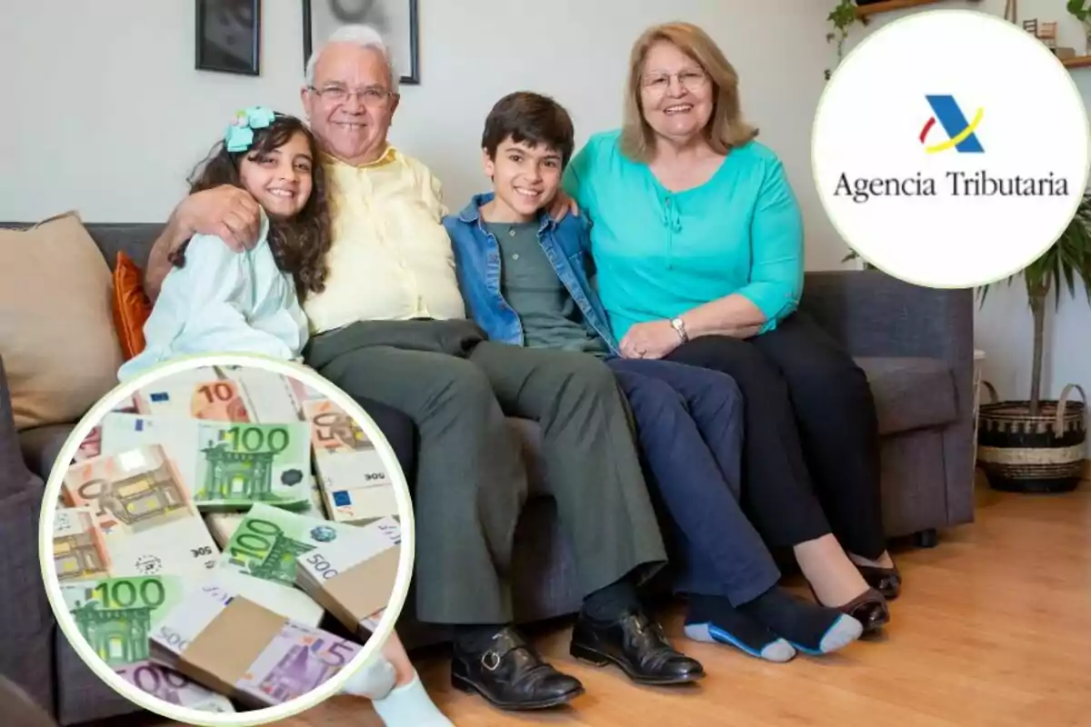 Una família asseguda a un sofà amb el logo de l'Agència Tributària i una imatge de bitllets d'euro.