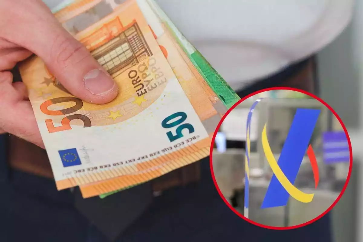 Muntatge amb una imatge de fons d'una persona amb bitllets de 50 i 100 euros a la mà i una altra imatge amb el logotip d'Hisenda