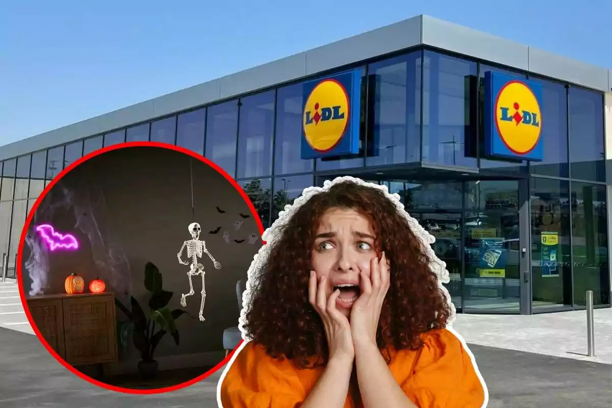 Una dona espantada davant d'una botiga Lidl amb una imatge superposada de decoracions de Halloween que inclou un esquelet, ratpenats i carbasses il·luminades.