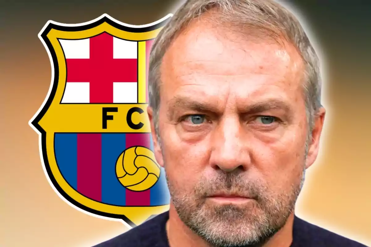 Hombre de expresión seria frente al escudo del FC Barcelona