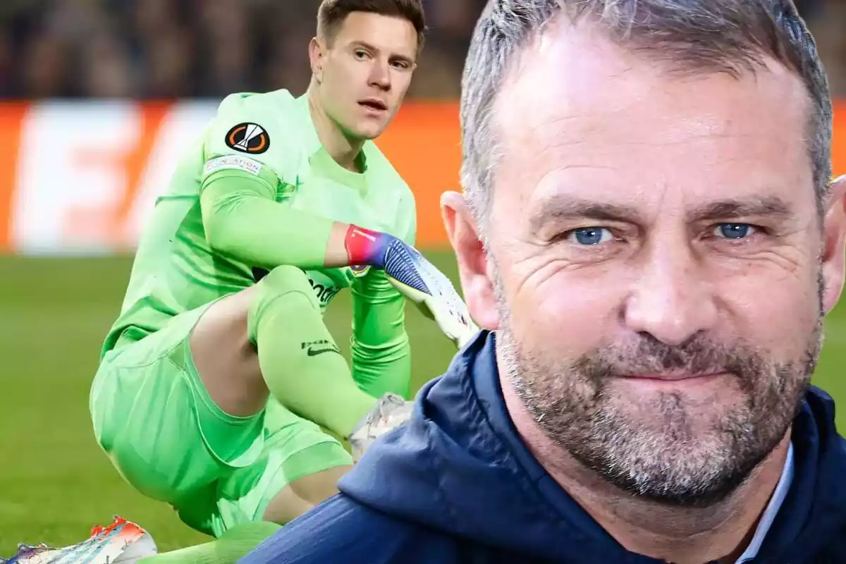 L'entrenador alemany Hansi Flick en primer pla amb una foto del porter del Barça Marc-André ter Stegen.