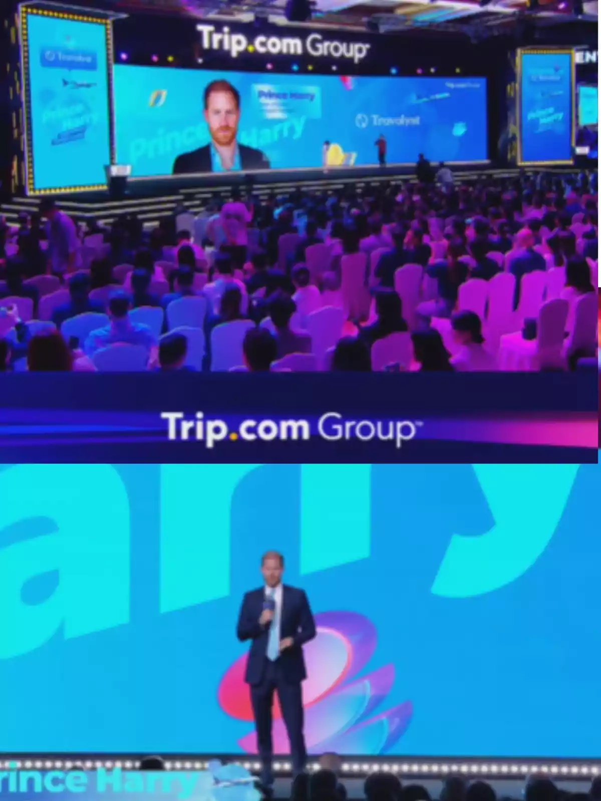 Un home amb vestit parlant en un escenari davant d’una audiència nombrosa, amb una gran pantalla blava de fons que mostra el logotip de Trip.com Group i el seu nom.