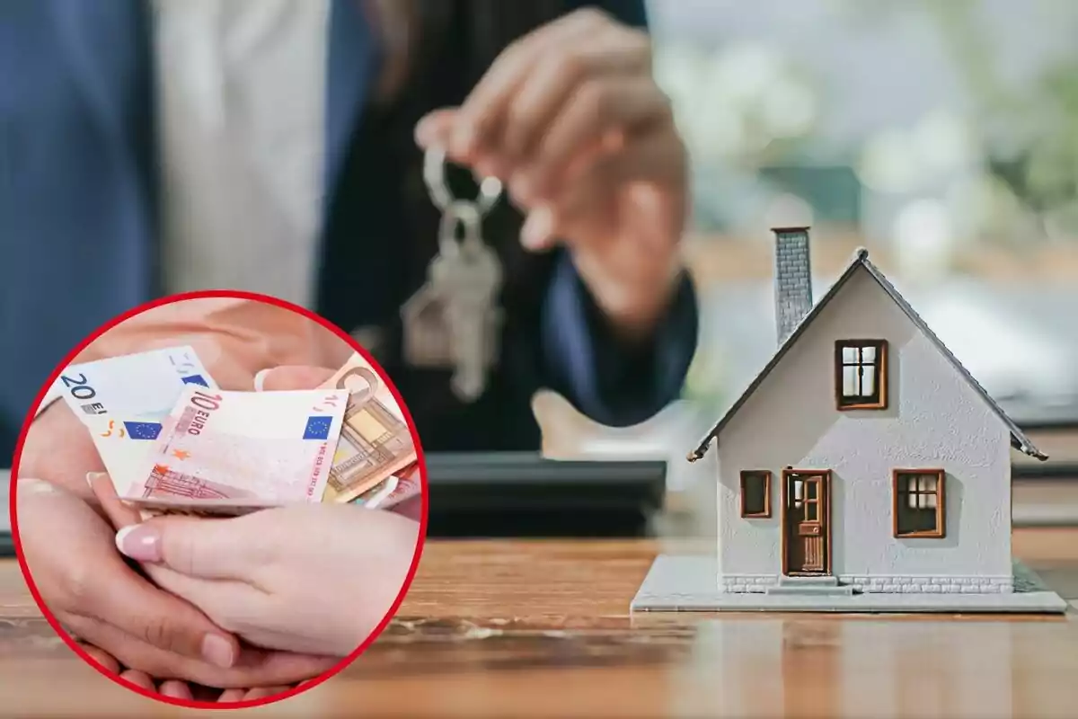 Imatge de fons d´una casa en miniatura amb un home amb les claus d´una casa a la mà, i una altra imatge d´unes mans sostenint diversos bitllets d´euros