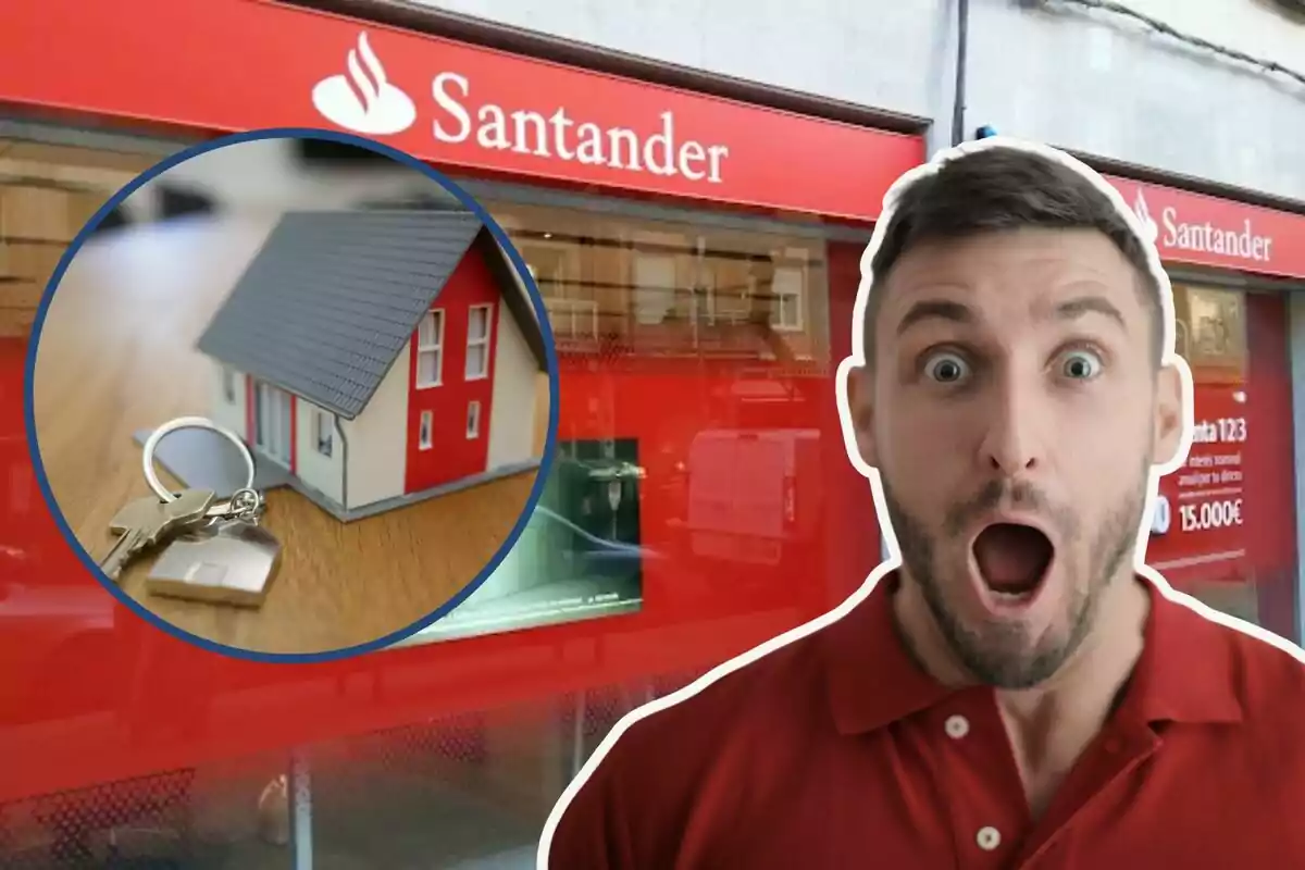 Home sorprès davant d?una sucursal del banc Santander amb una imatge d?una casa i claus en un cercle.