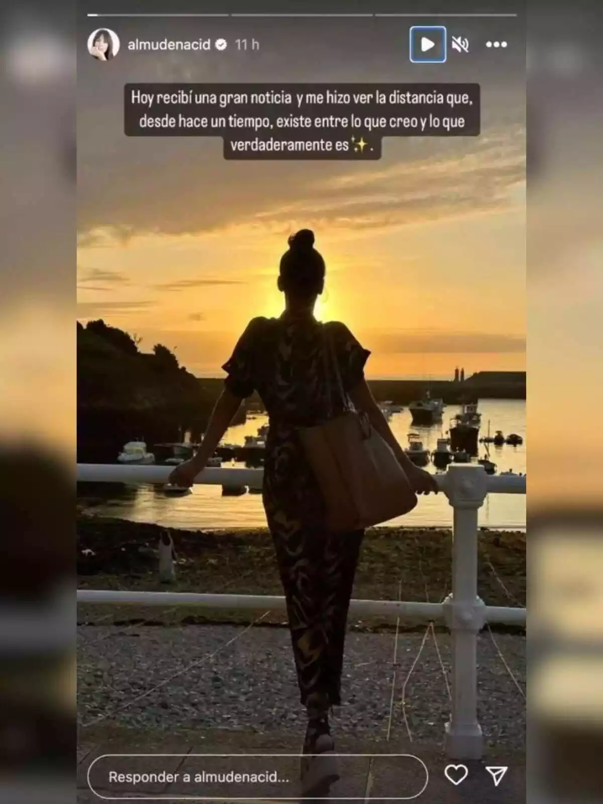 Història d'Instagram d'Almudena Cid on ha compartit una petita reflexió i apareix d'esquena a la foto mirant cap al vespre