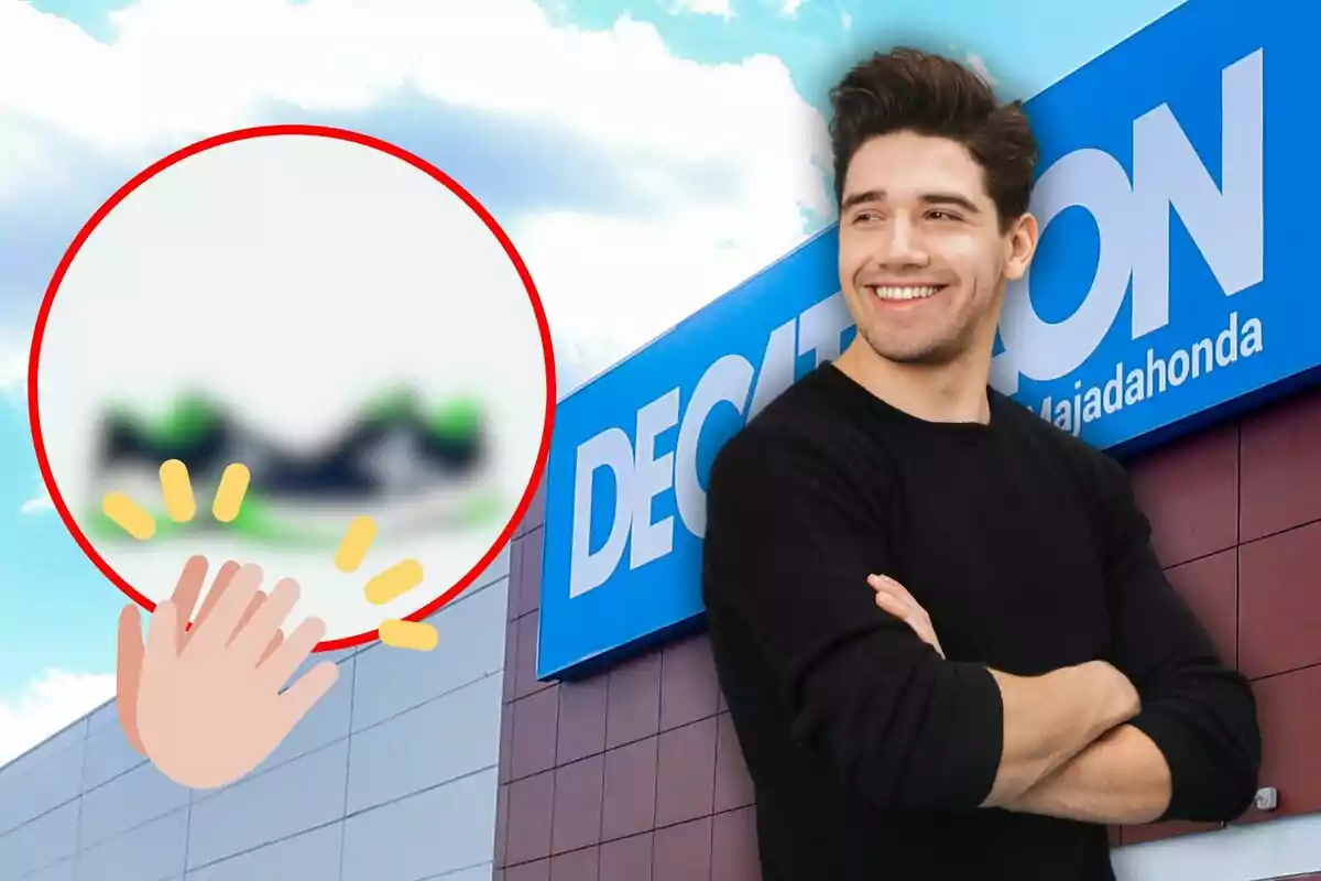 Un home somrient amb un suèter negre està dret davant d'un edifici amb un cartell blau que diu “DECATHLON Majadahonda” i hi ha un cercle vermell amb una imatge borrosa i un emoji d'aplaudiment.