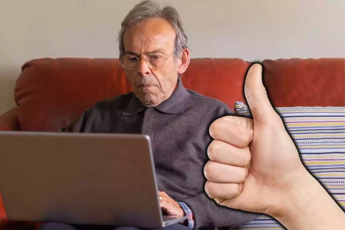 Montage of an elderly man using a computer with a thumbs up sign in response to 