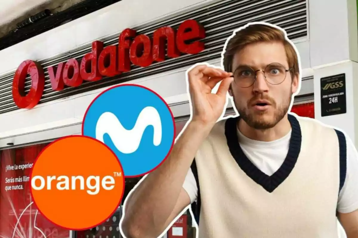 Muntatge amb els logos de Vodafone i Movistar i Orange, a més d'un home sorprès