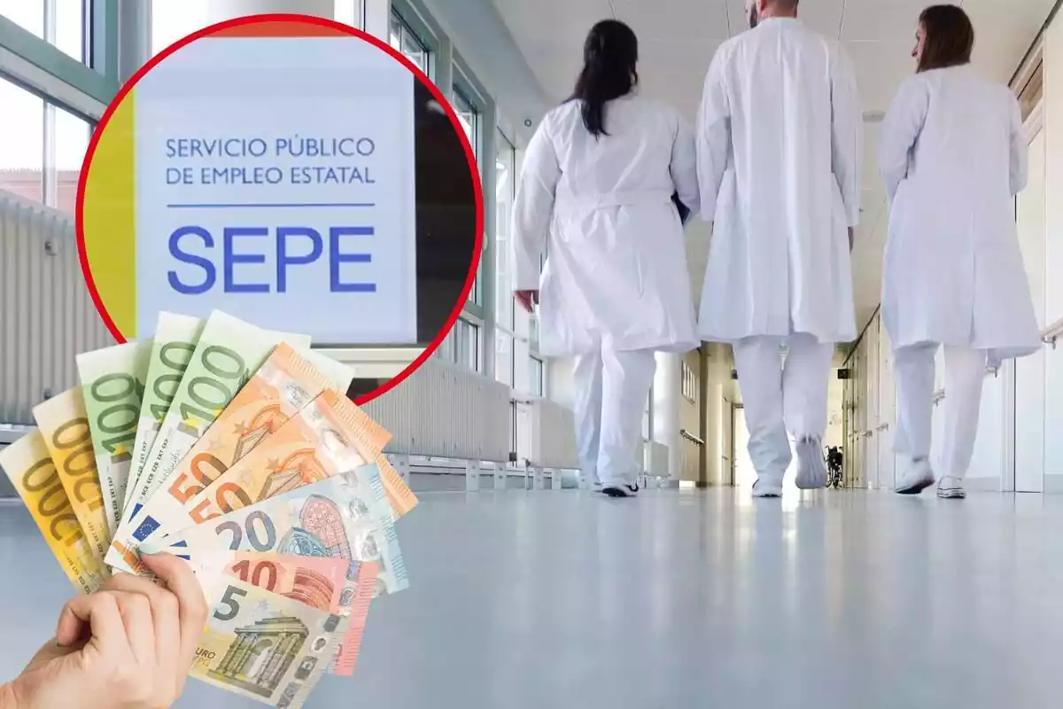 Muntatge amb una imatge de fons d'un hospital amb tres treballadors i una altra imatge del logo del SEPE i una mà amb bitllets d'euro