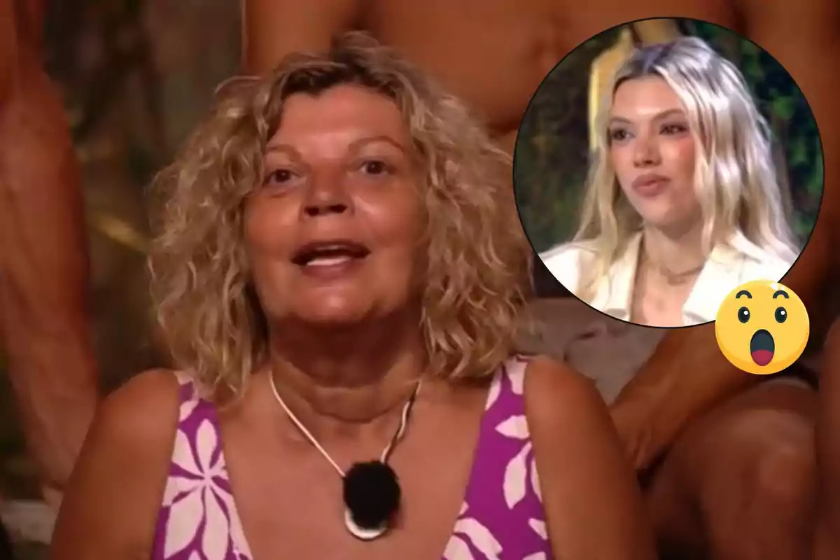 Dona de cabell ros arrissat parlant en primer pla amb un requadre circular mostrant una altra dona rossa d’expressió seriosa i un emoji de sorpresa