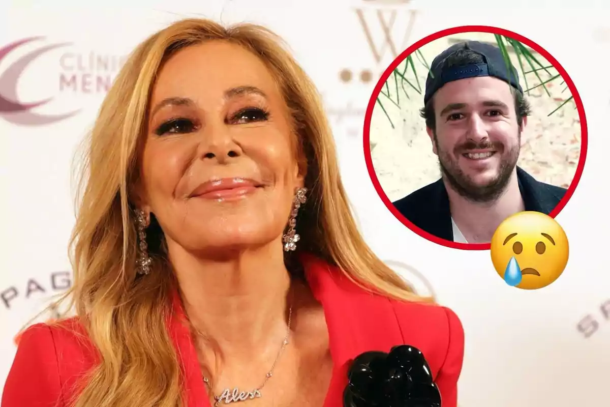 Ana Obregón somrient amb cabell ros i un vestit vermell, al costat d'un requadre circular que mostra Aless Lequio amb gorra i una expressió somrient, acompanyat d'un emoji trist.