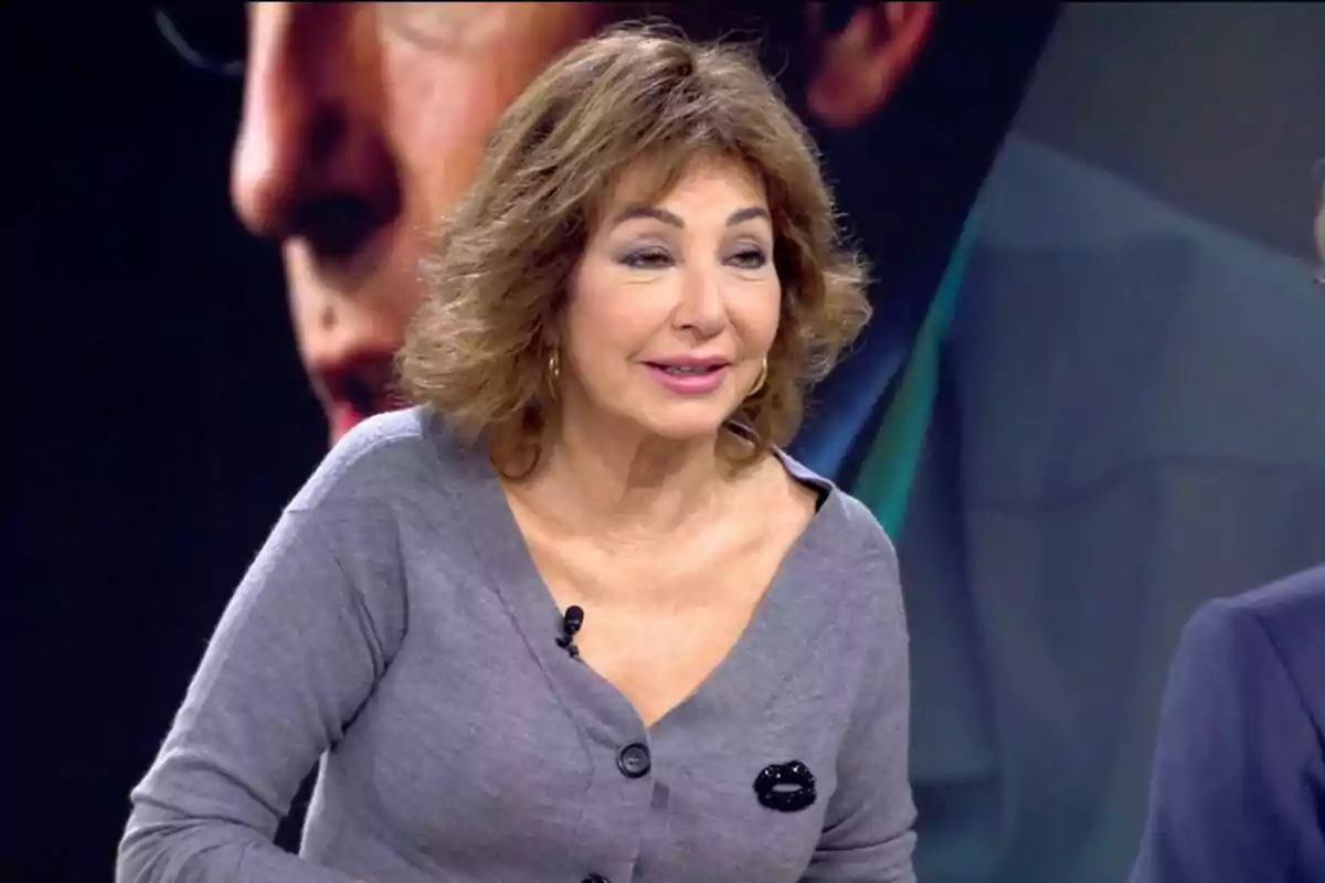 Una dona amb cabell castany i arrissat porta un jersei gris i està en un estudi de televisió.