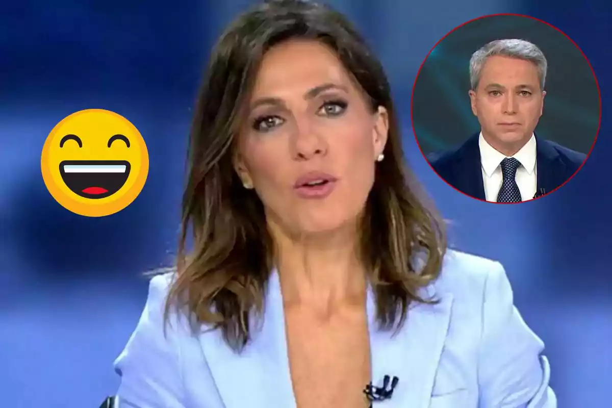 Ángeles Blanco en un estudi amb un emoji somrient i Vicente Vallés en un requadre a la cantonada superior dreta.