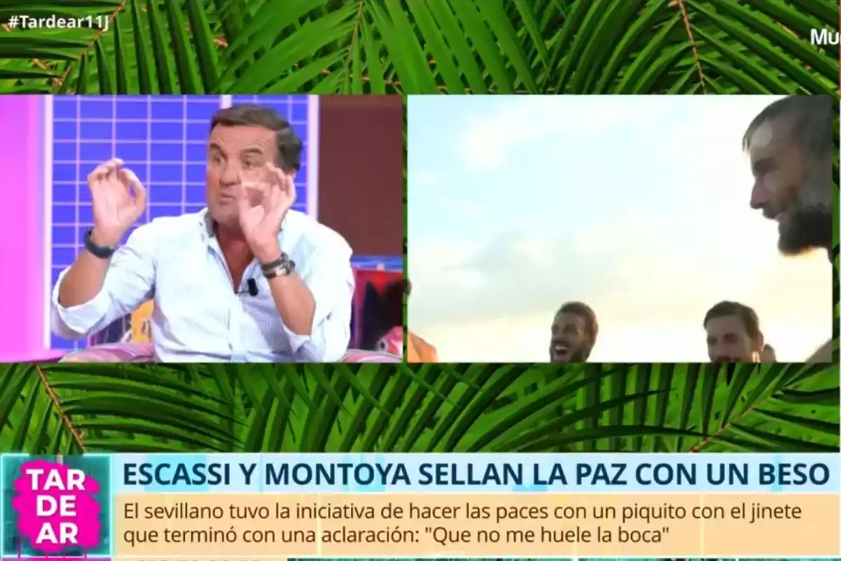 Un home gesticula en un plató de televisió mentre a la pantalla dividida apareixen diverses persones somrient a l’aire lliure, amb gràfics de fulles verdes i un titular que esmenta Escassi i Montoya segellant la pau amb un petó. Un home gesticula en un plató de televisió mentre a la pantalla dividida apareixen diverses persones somrient a l’aire lliure, amb gràfics de fulles verdes i un titular que esmenta Escassi i Montoya segellant la pau amb un petó.