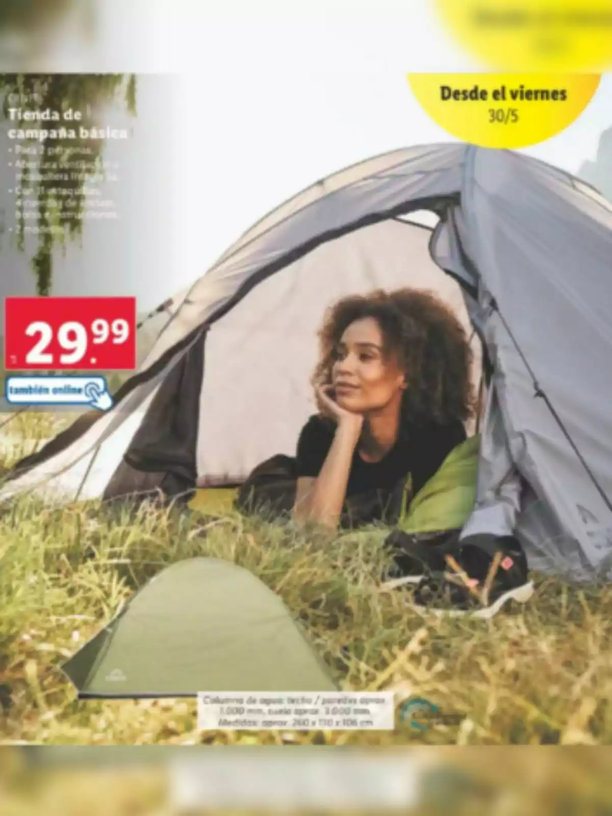 Imatge d'una tenda de campanya bàsica de Lidl per a dues persones amb un preu de 29,99, disponible des de divendres 30/5, amb característiques com obertura en forma d'iglú i columna d'aigua de 1000 mm al sostre i 2000 mm al terra, amb mesures aproximades de 260 x 130 x 105 cm. Imatge d'una tenda de campanya bàsica de Lidl per a dues persones amb un preu de 29,99, disponible des de divendres 30/5, amb característiques com obertura en forma d'iglú i columna d'aigua de 1000 mm al sostre i 2000 mm al terra, amb mesures aproximades de 260 x 130 x 105 cm.