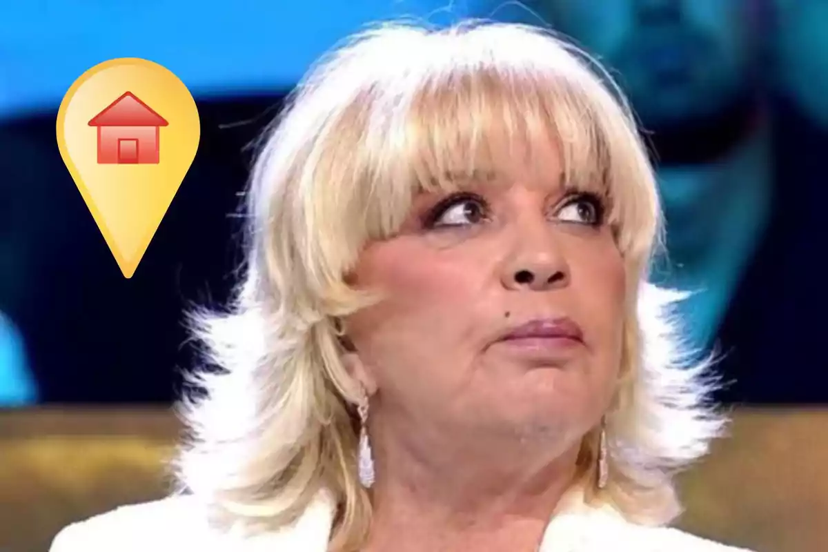 Blonde woman with a serious expression in a television studio and a location icon with a red house on the left