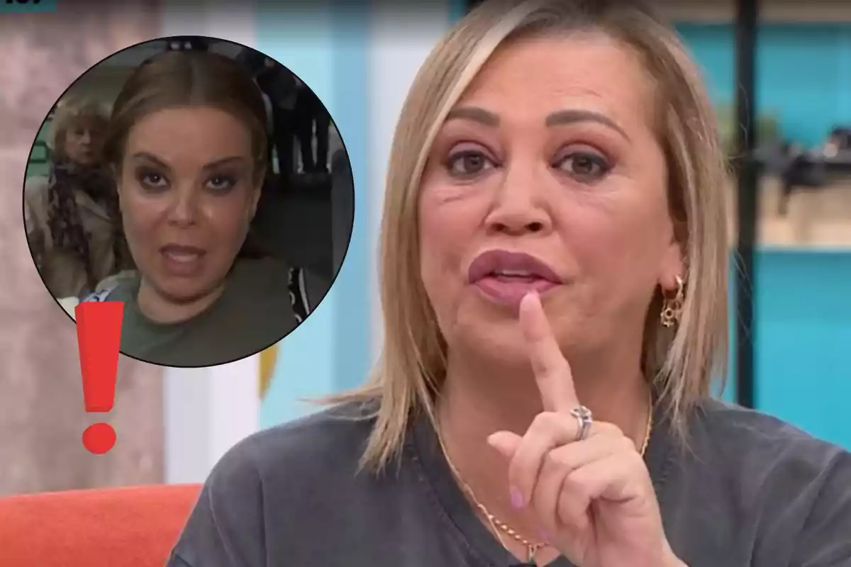 Una dona en un programa de televisió fa un gest amb el dit mentre en un requadre apareix una altra dona amb un signe d'exclamació vermell.