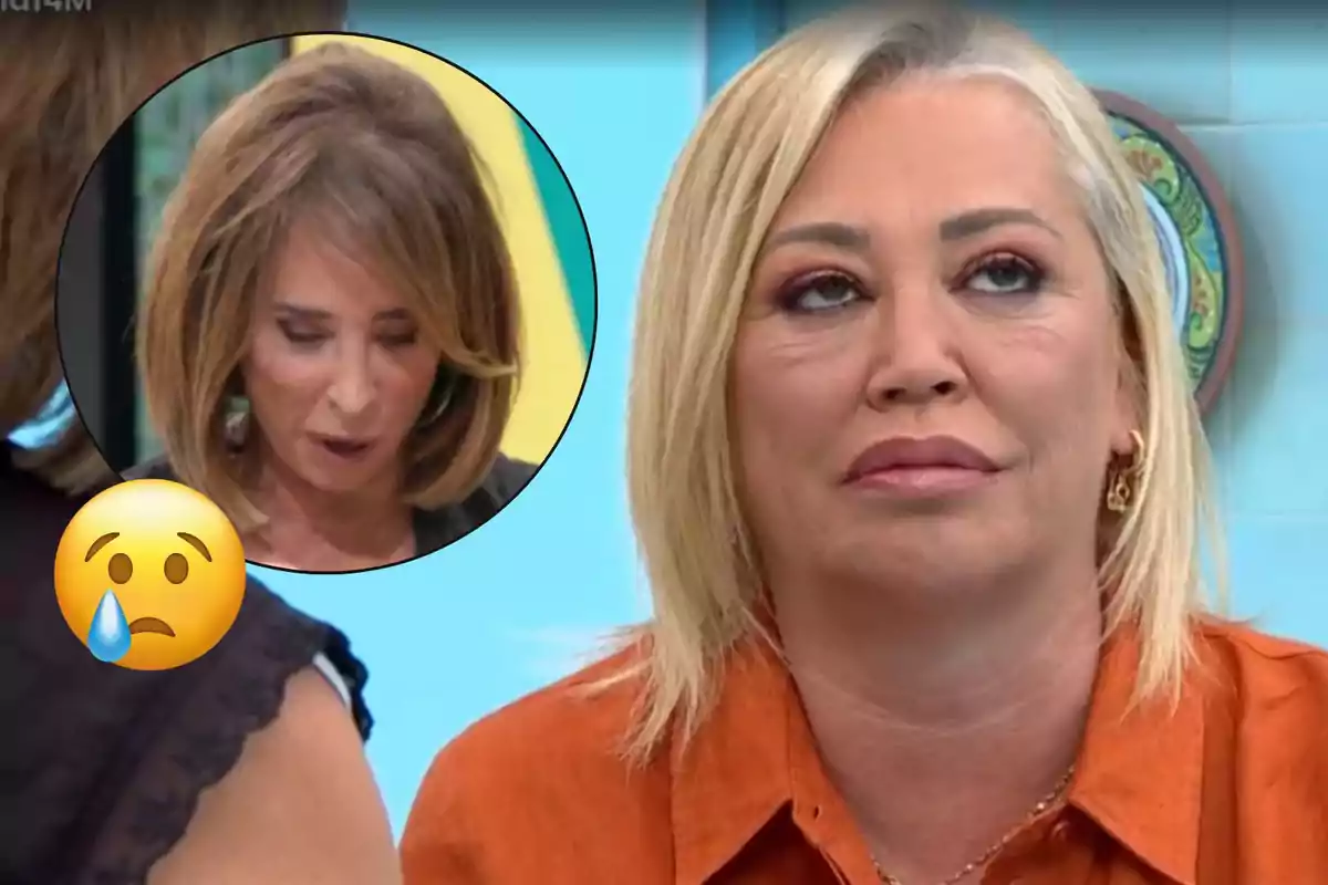 Una dona rossa amb expressió seriosa està en primer pla, mentre que en un requadre circular es veu una altra dona amb cabell castany mirant cap avall, al costat d'un emoji de cara trista amb una llàgrima.