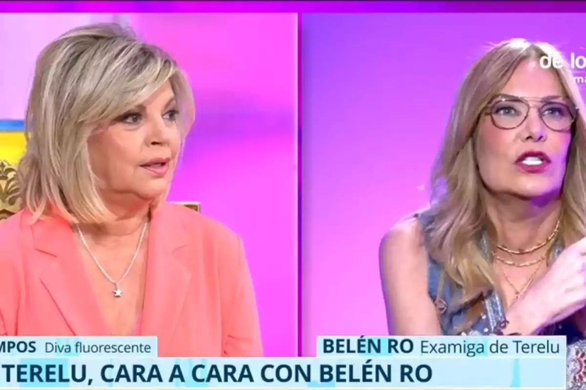 Dues dones conversant en un programa de televisió amb un fons de color rosa i porpra. Dues dones conversant en un programa de televisió amb un fons de color rosa i porpra.