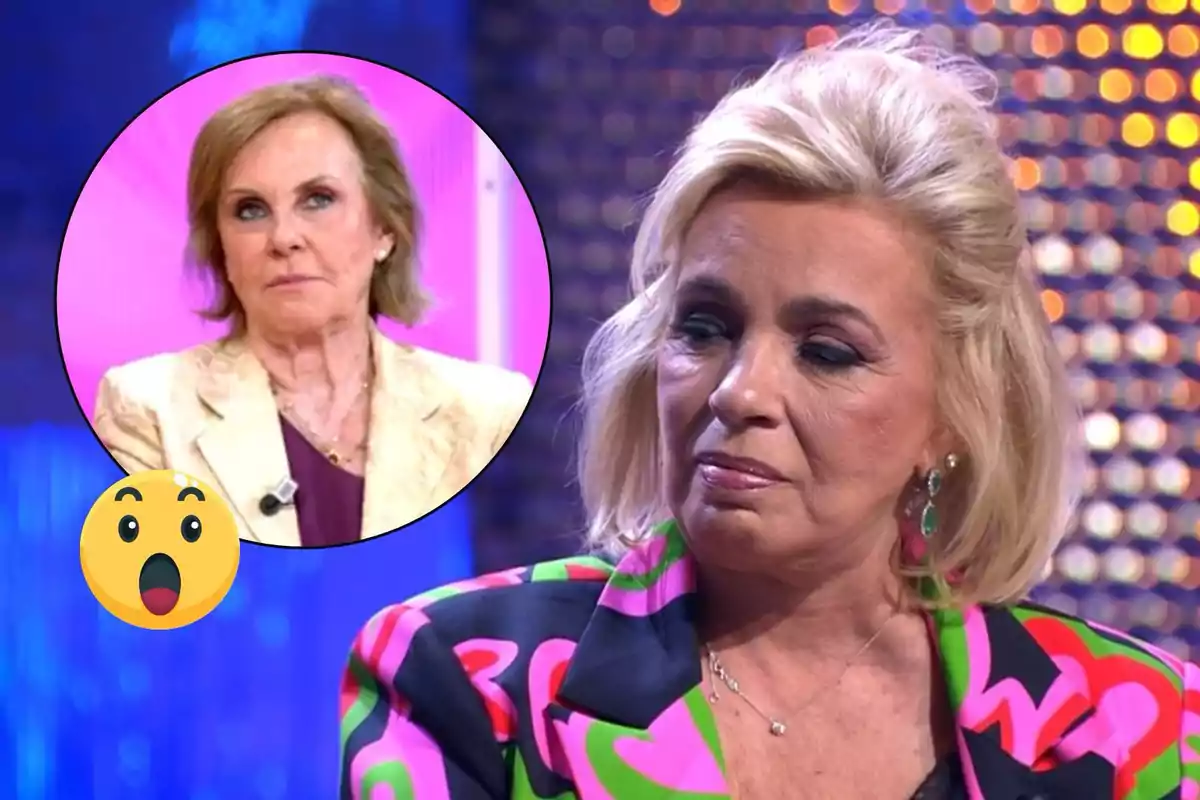 Dues dones en un programa de televisió, una en primer pla amb expressió seriosa i l'altra en un requadre circular a la cantonada superior esquerra, acompanyades d'un emoji sorprès.