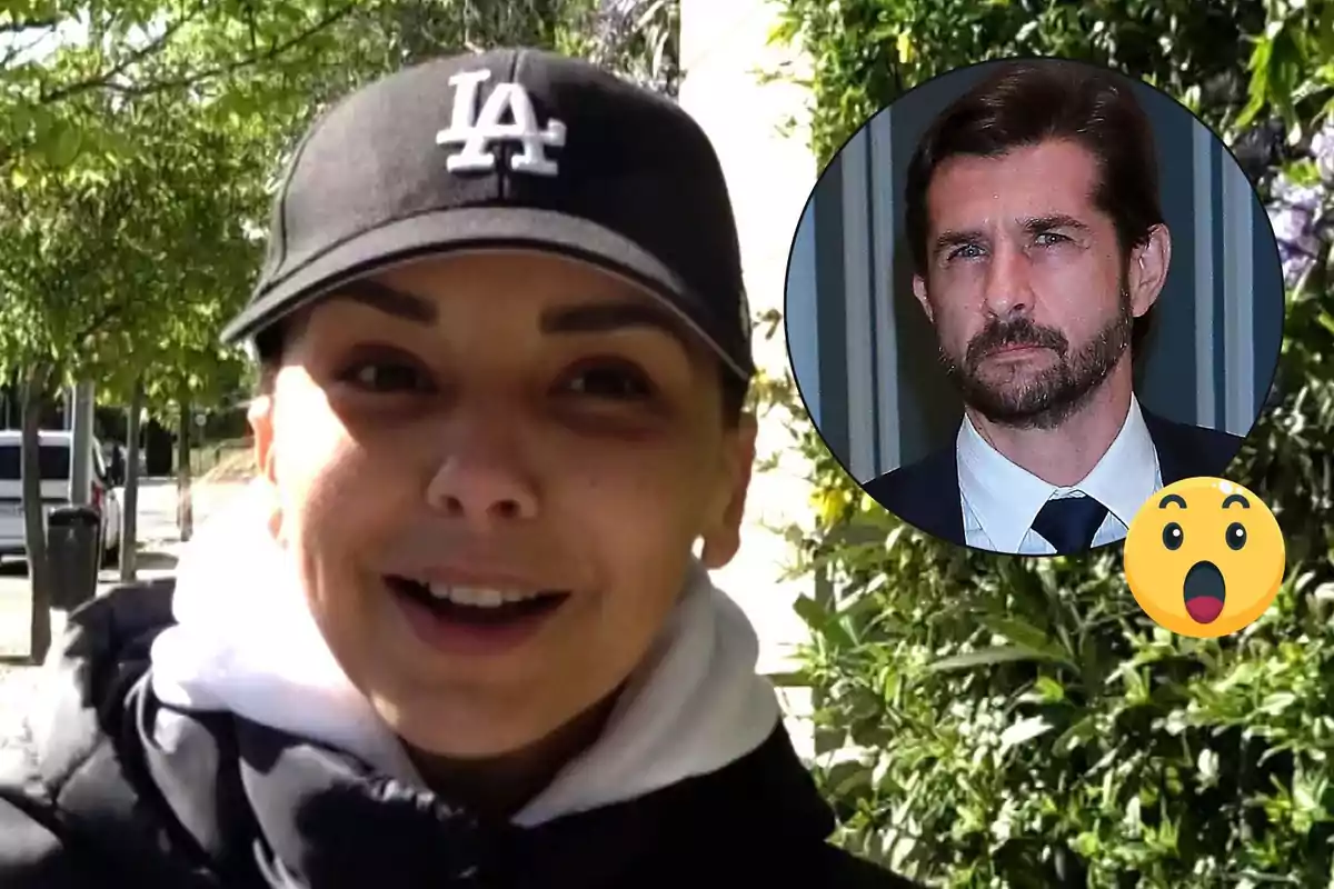 Dona amb gorra negra dels Los Angeles Dodgers somrient a l’aire lliure amb un requadre que mostra un home amb vestit i una carona de sorpresa