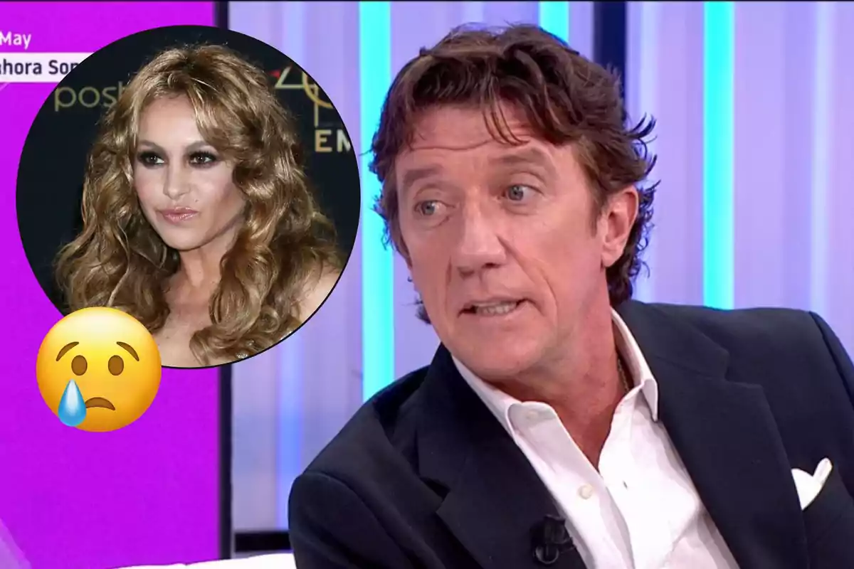 Home de cabells castanys i jaqueta fosca parlant en un programa de televisió amb la imatge d’una dona de cabells rossos arrissats i un emoticona trist amb una llàgrima a la cantonada superior esquerra