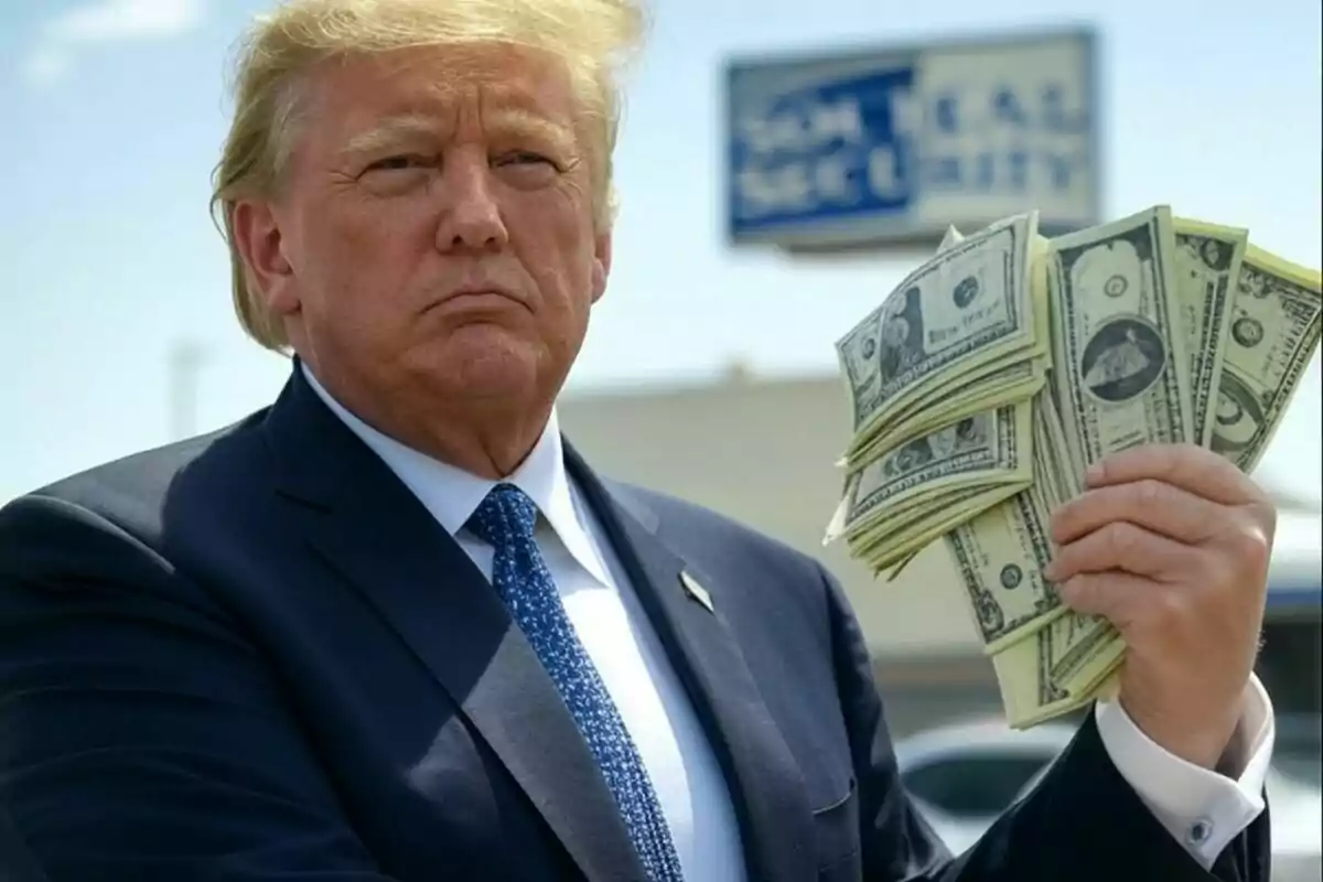 Un hombre de traje sostiene un fajo de billetes en la mano.