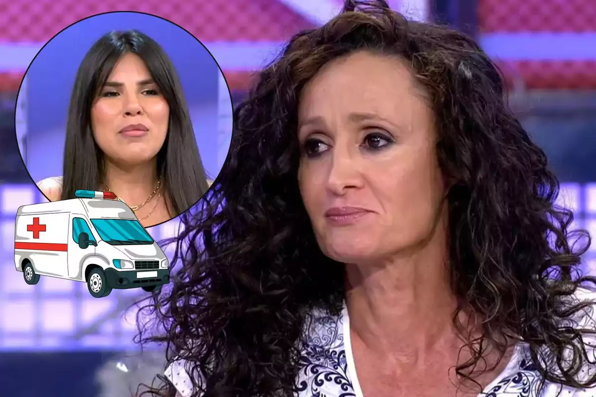 Dona de cabell arrissat amb expressió seriosa en un plató de televisió, a la cantonada apareix un cercle amb el rostre d’una altra dona i una il·lustració d’una ambulància.