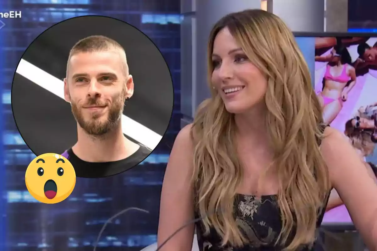 Una dona somrient en un programa de televisió amb una imatge d'un home en un cercle i un emoji sorprès.
