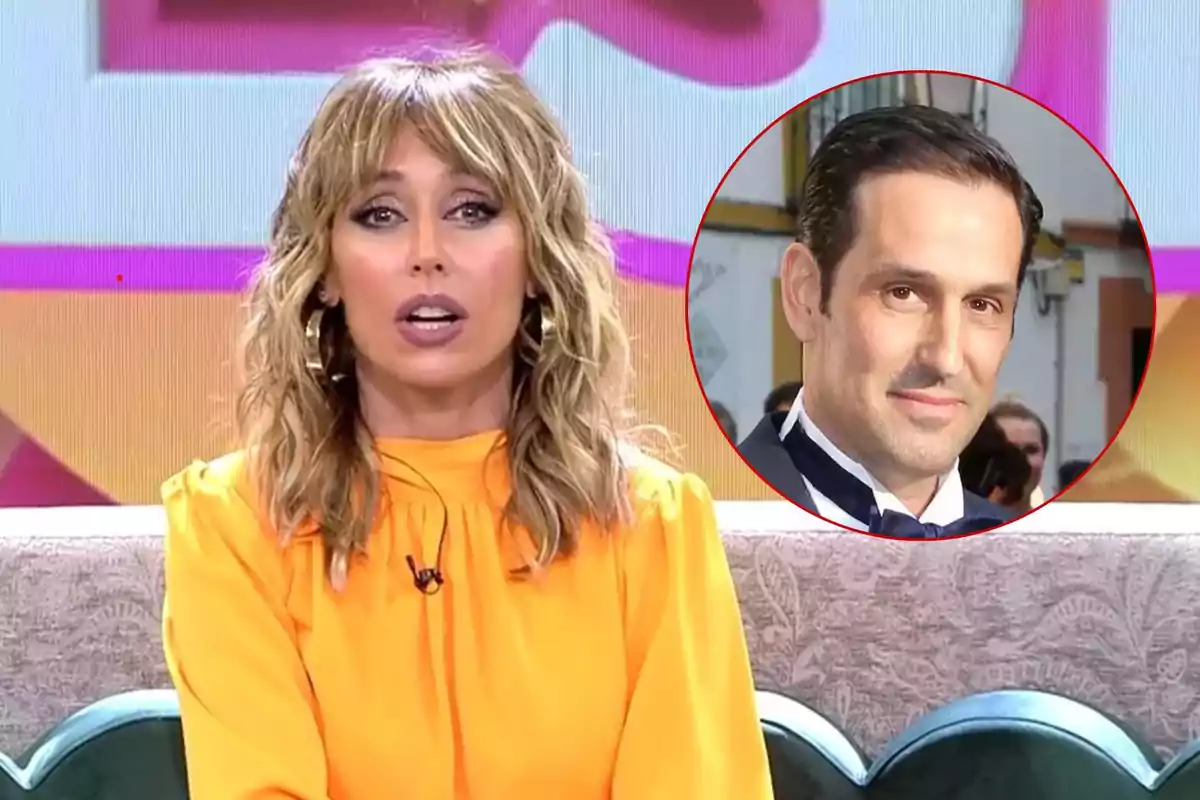 Una dona amb cabell ros i ondulat està asseguda en un sofà, vestint una brusa taronja, ia la cantonada superior dreta hi ha un cercle amb la imatge d'un home de cabell fosc.