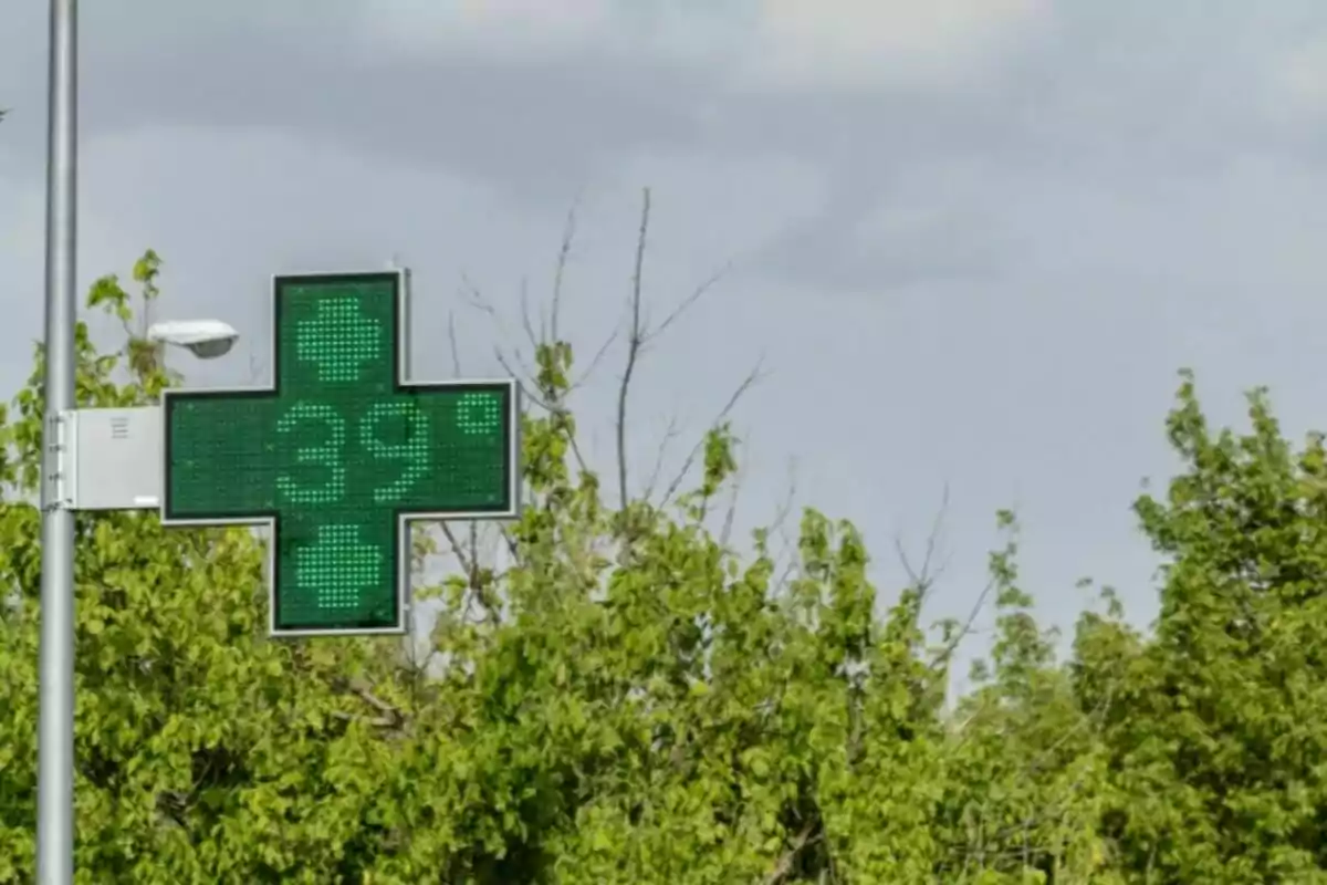 Creu verda de farmàcia amb pantalla digital que mostra una temperatura de 39 graus davant d’arbres i cel ennuvolat Creu verda de farmàcia amb pantalla digital que mostra una temperatura de 39 graus davant d’arbres i cel ennuvolat