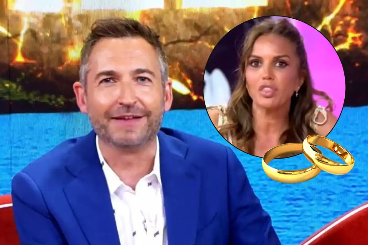 Home amb americana blava somriu en un plató de televisió mentre en un cercle apareix el rostre d’una dona i dos anells daurats.