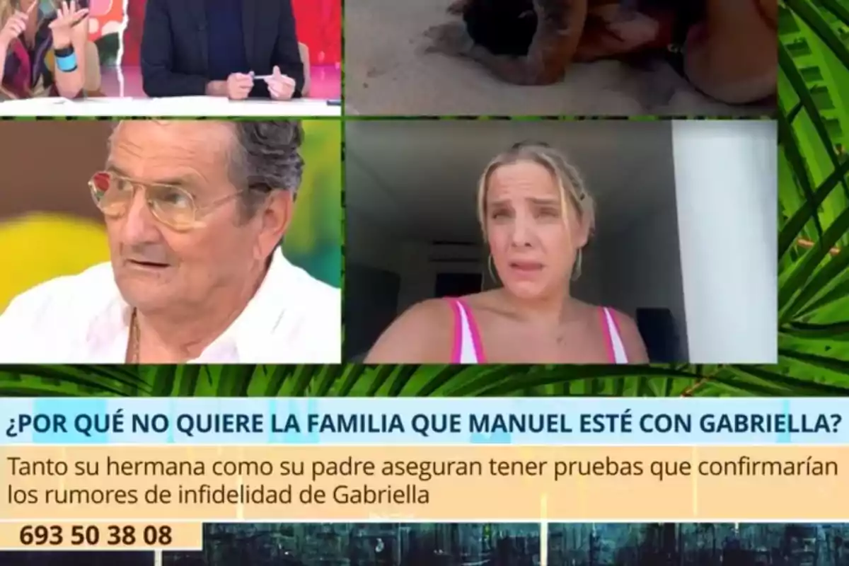 Un programa de televisió mostra diverses persones en un collage d'imatges, amb un text a la part inferior que pregunta per què la família no vol que en Manuel estigui amb la Gabriella, mencionant rumors d'infidelitat. Un programa de televisió mostra diverses persones en un collage d'imatges, amb un text a la part inferior que pregunta per què la família no vol que en Manuel estigui amb la Gabriella, mencionant rumors d'infidelitat.