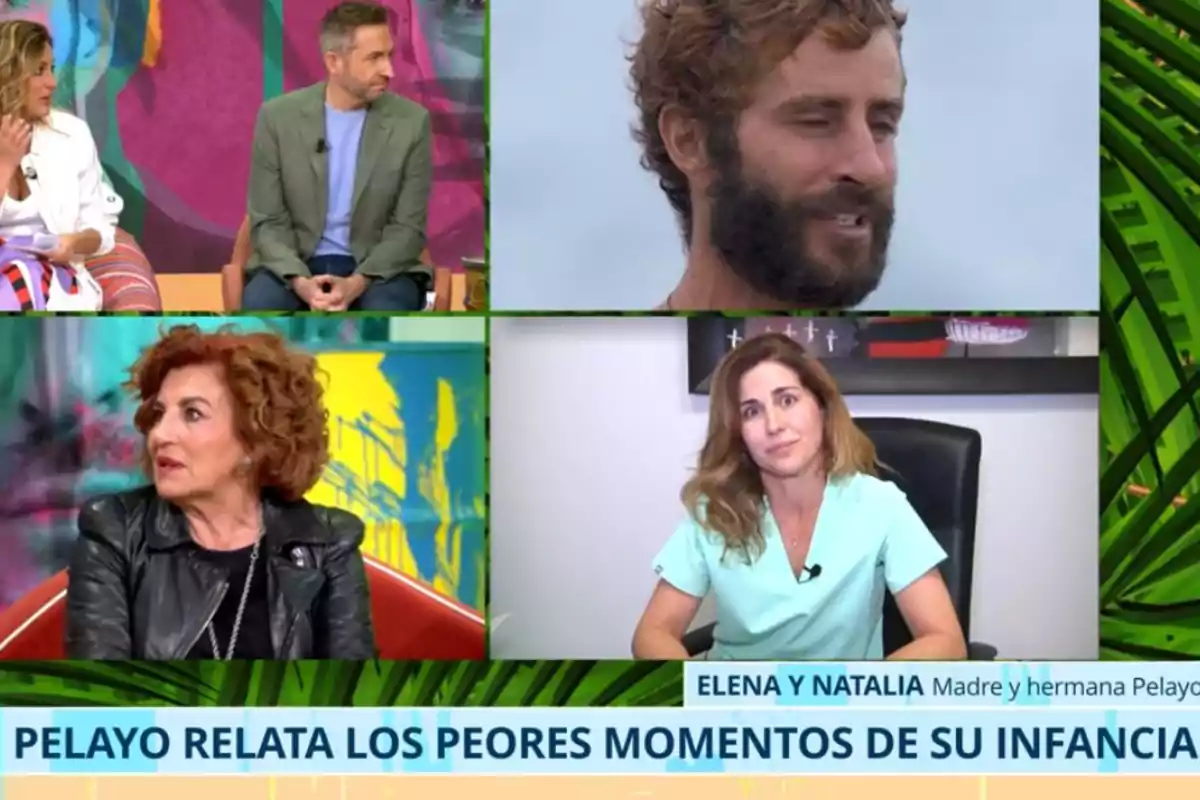 Un programa de televisió mostra diverses persones en un plató acolorit i en videotrucades, amb un text a la part inferior que esmenta moments difícils de la infància de Pelayo. Un programa de televisió mostra diverses persones en un plató acolorit i en videotrucades, amb un text a la part inferior que esmenta moments difícils de la infància de Pelayo.