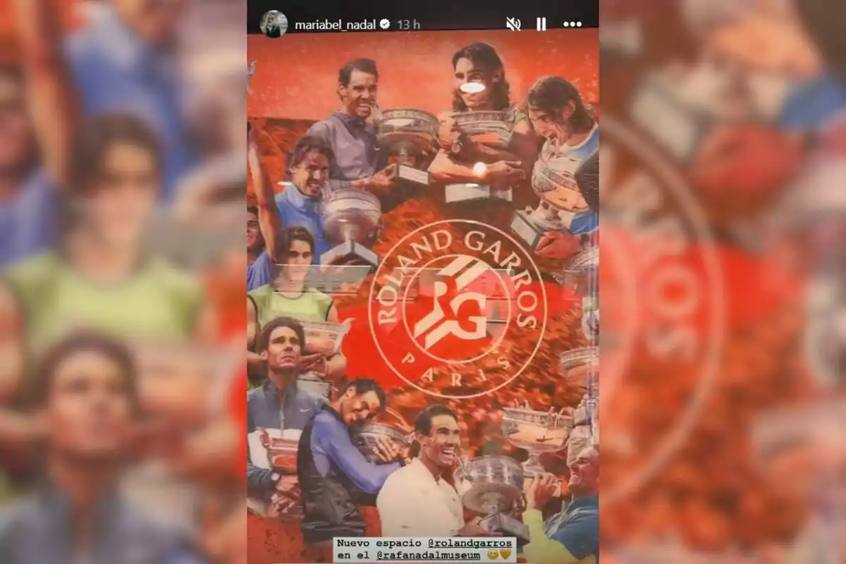 A collage of a tennis player holding trophies at different moments, with the Roland Garros logo in the center and a red background. A collage of a tennis player holding trophies at different moments, with the Roland Garros logo in the center and a red background.