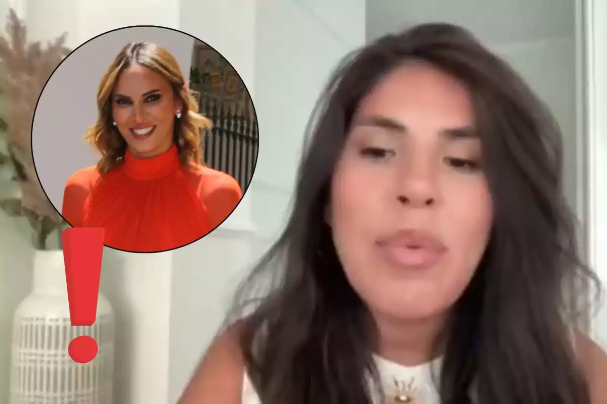 Dona de cabells foscos parlant davant de la càmera amb un cercle que mostra una altra dona somrient i un signe d’exclamació vermell