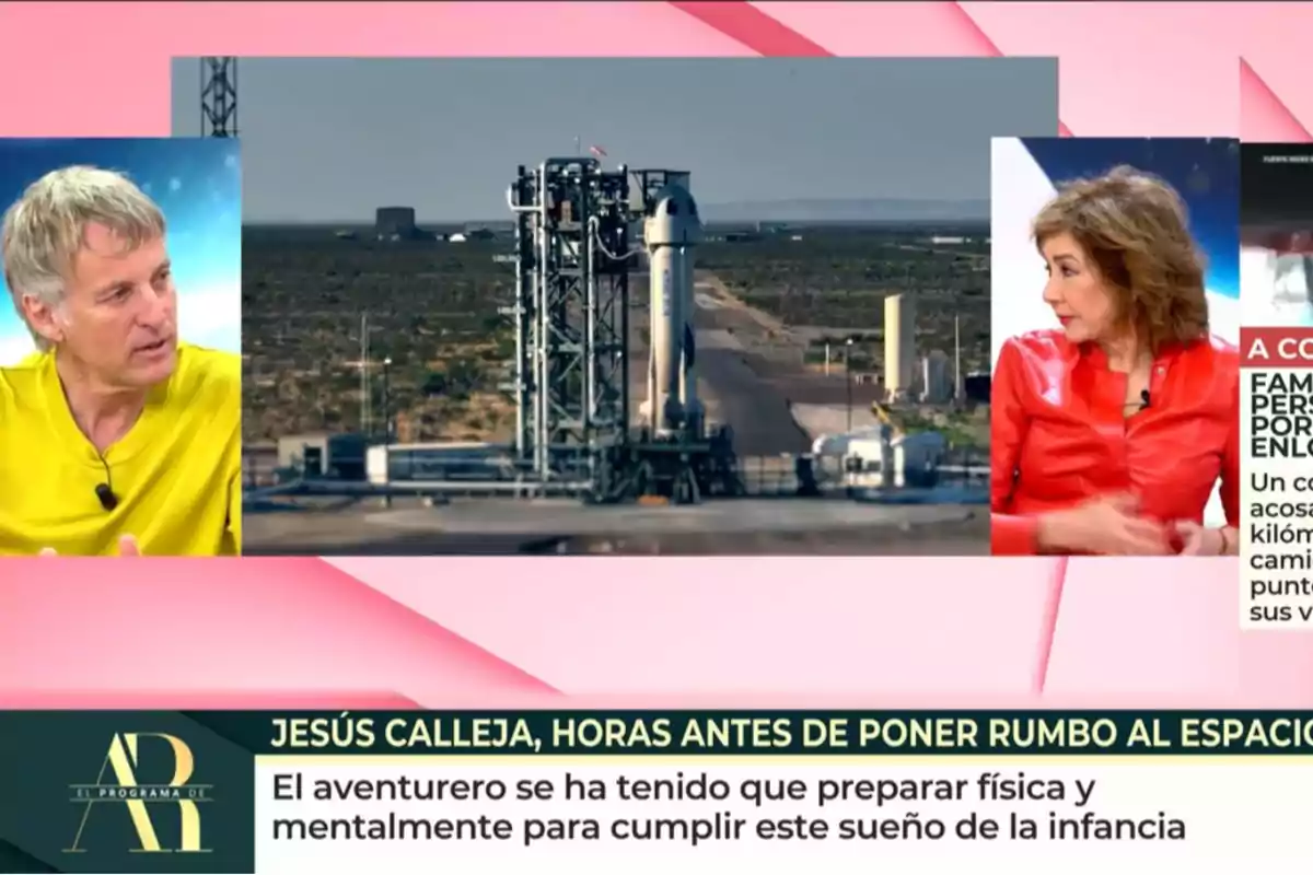 'El programa de AR' mostra Jesús Calleja i Ana Rosa Quintana conversant sobre un coet en una plataforma de llançament, amb un text que esmenta un aventurer preparant-se per a un viatge espacial.