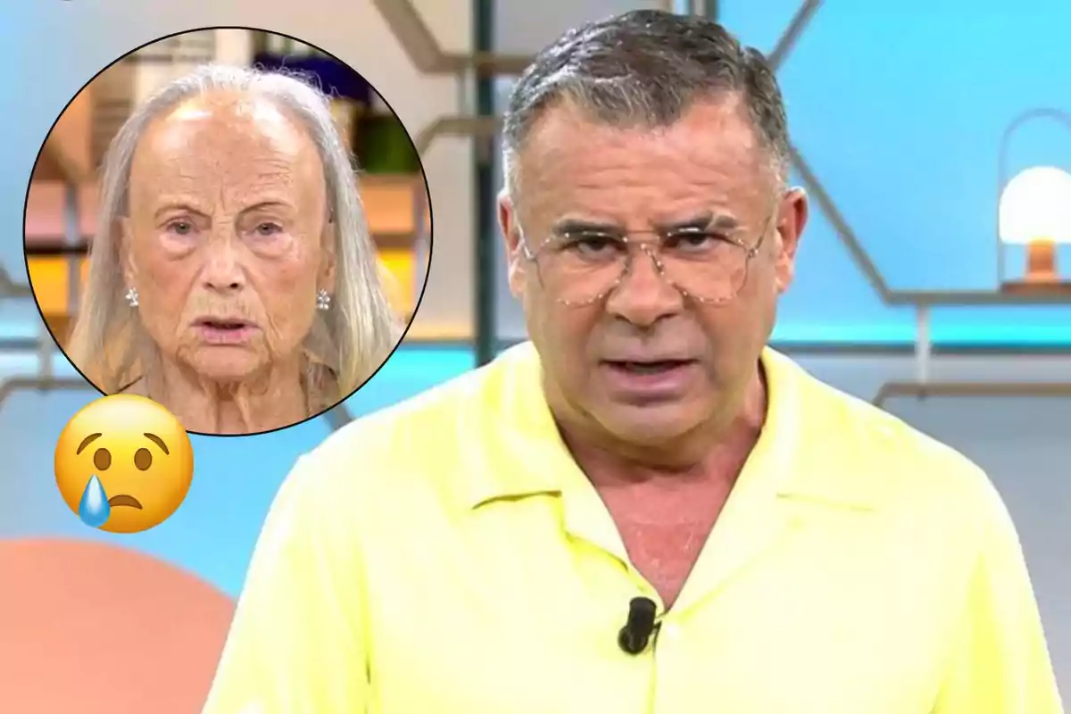 Un home amb camisa groga i ulleres parla en un plató de televisió mentre en un cercle es mostra el rostre d'una dona gran amb expressió seriosa i un emoji trist.