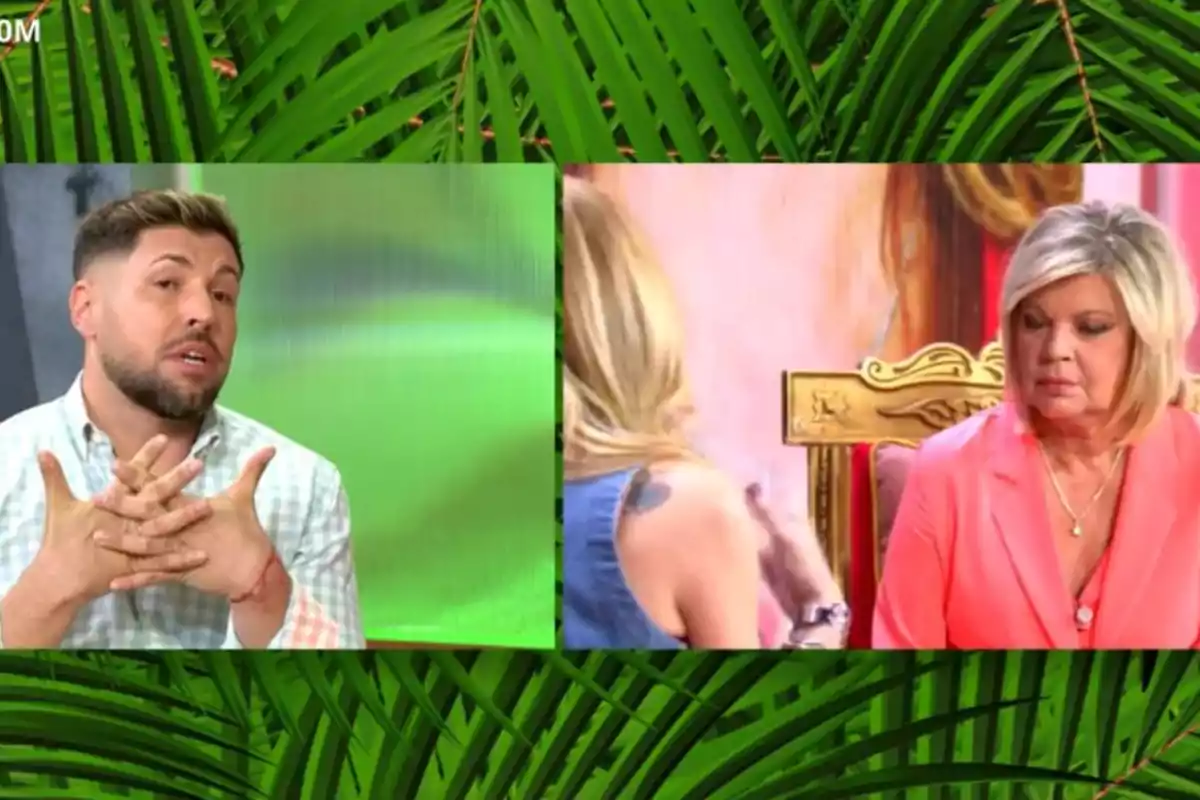 Un home amb barba i camisa de quadres parla gesticulant amb les mans mentre en una altra pantalla dues dones conversen, una d’elles amb jaqueta rosa i expressió seriosa, tot emmarcat per fulles verdes. Un home amb barba i camisa de quadres parla gesticulant amb les mans mentre en una altra pantalla dues dones conversen, una d’elles amb jaqueta rosa i expressió seriosa, tot emmarcat per fulles verdes.