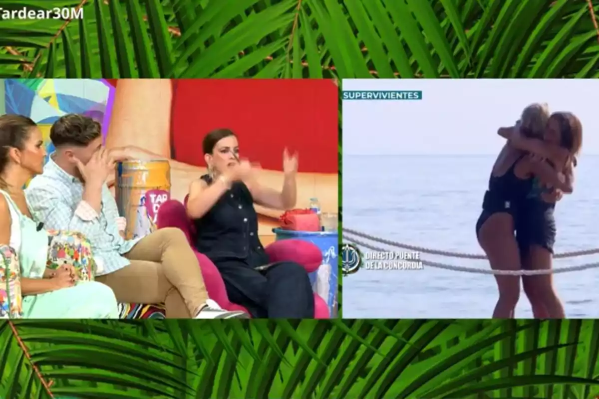 Un grupo de personas en un set de televisión reacciona mientras en una pantalla dividida se muestra a Makoke y Carmen Alcayde abrazándose junto al mar Un grupo de personas en un set de televisión reacciona mientras en una pantalla dividida se muestra a Makoke y Carmen Alcayde abrazándose junto al mar