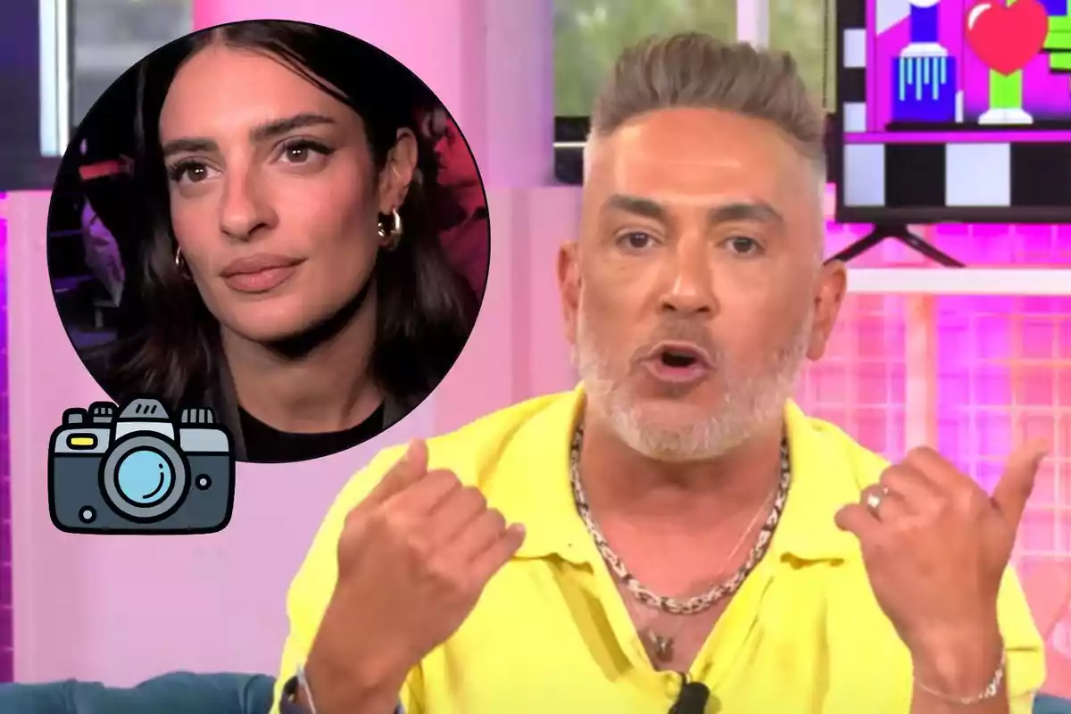 Home de cabell curt i barba canosa amb camisa groga parlant en un plató de televisió, amb la imatge d’una dona de cabell fosc i expressió seriosa en un cercle superposat i una icona de càmera fotogràfica.