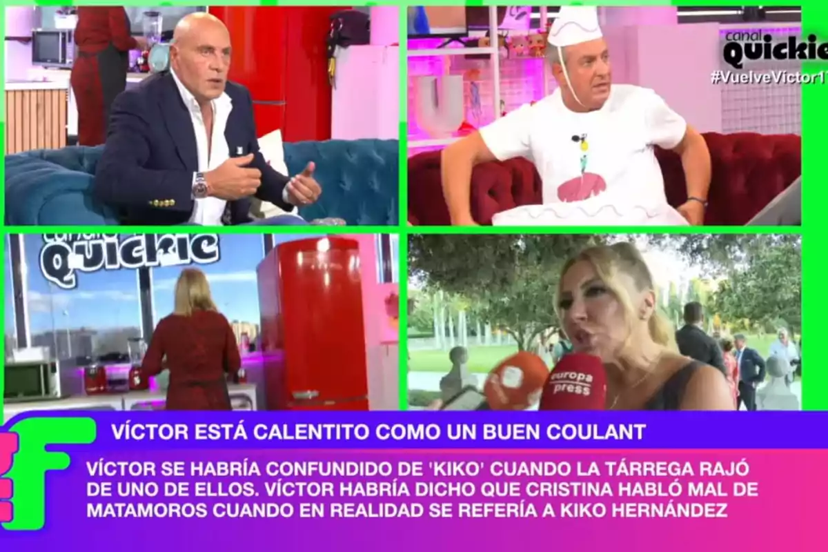 A la imatge s'observa un collage d'un programa de televisió amb diverses persones en diferents situacions, incloent-hi una entrevista i una conversa en un set colorit, acompanyat d'un text que esmenta una confusió entre dues persones anomenades Kiko.