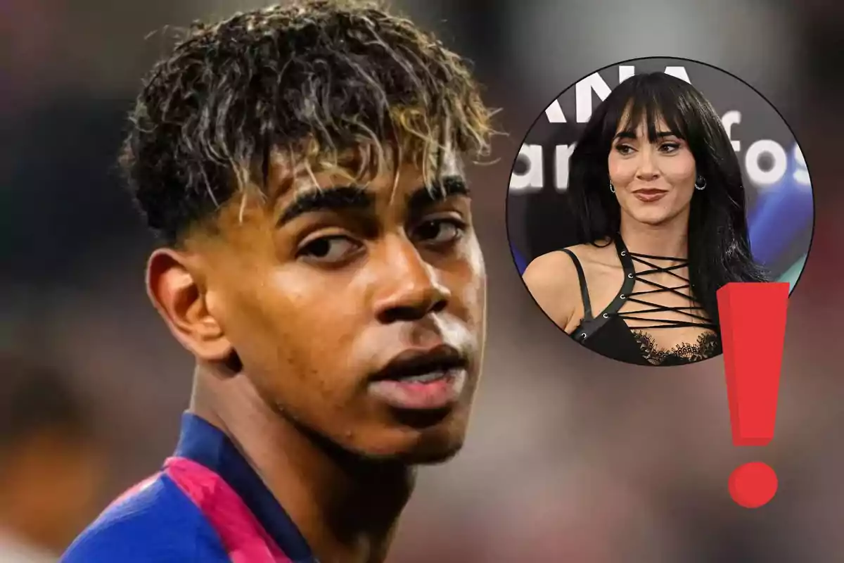 Jove futbolista amb expressió seriosa en primer pla i un cercle amb la imatge d’una dona de cabells foscos i un signe d’exclamació vermell sobre un fons difuminat