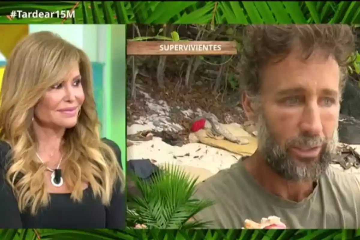 Una dona somrient en un estudi de televisió observa un home amb barba en una platja, amb el text Una dona somrient en un estudi de televisió observa un home amb barba en una platja, amb el text
