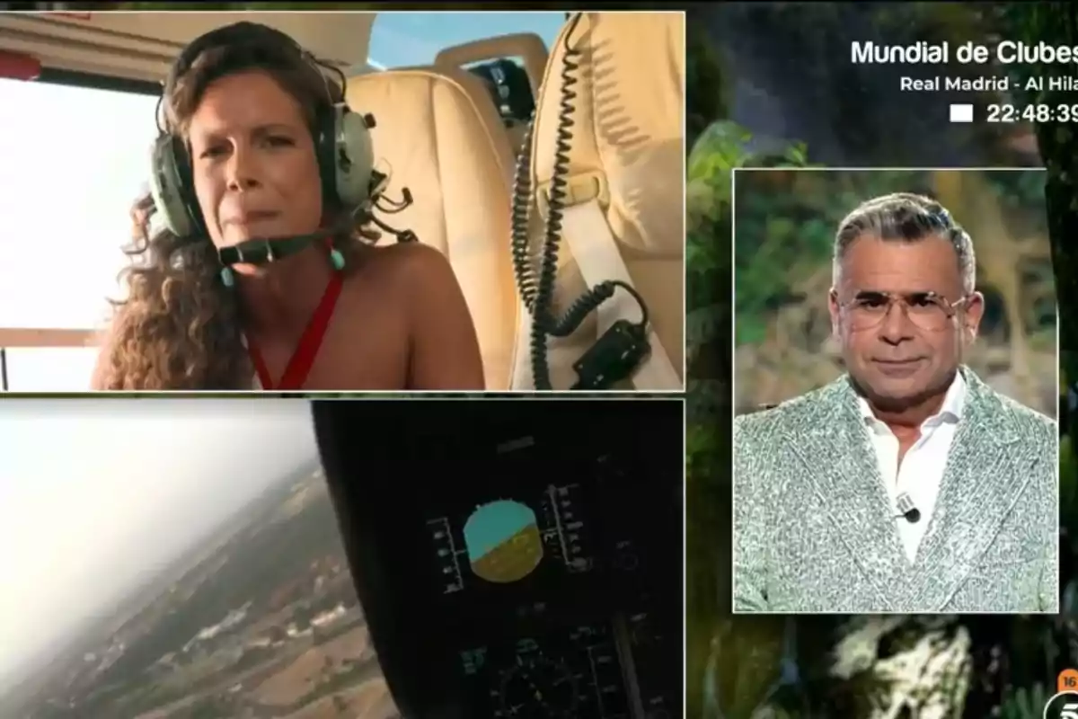 Una dona amb auriculars dins d’un helicòpter apareix en una videotrucada al costat d’un home amb ulleres i jaqueta clara en un estudi de televisió. Una dona amb auriculars dins d’un helicòpter apareix en una videotrucada al costat d’un home amb ulleres i jaqueta clara en un estudi de televisió.